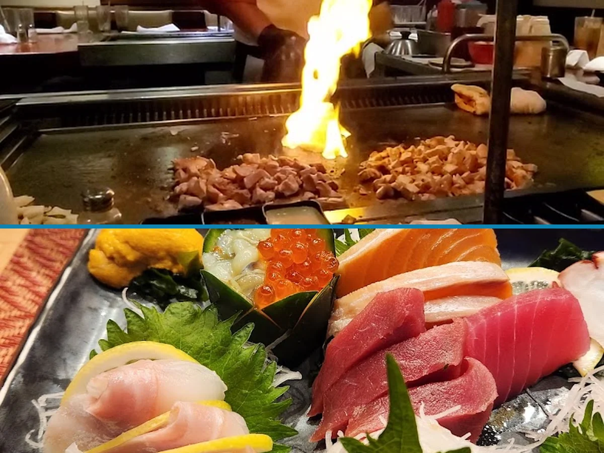 Hibachi grill with plated Japanese steakhouse dishes.